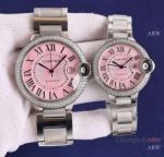 Swiss Quality Replica Cartier Sapphire Ballon Bleu Watches Pink Roman with Diamond Bezel